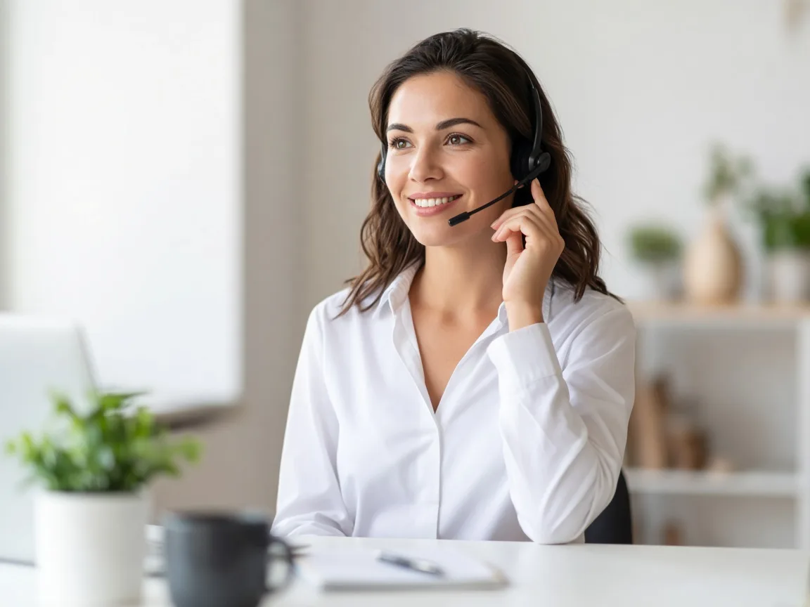 Mitarbeiterin mit Headset am Telefon
